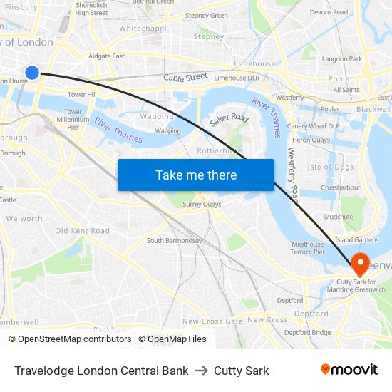 Travelodge London Central Bank to Cutty Sark map