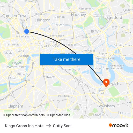 Kings Cross Inn Hotel to Cutty Sark map