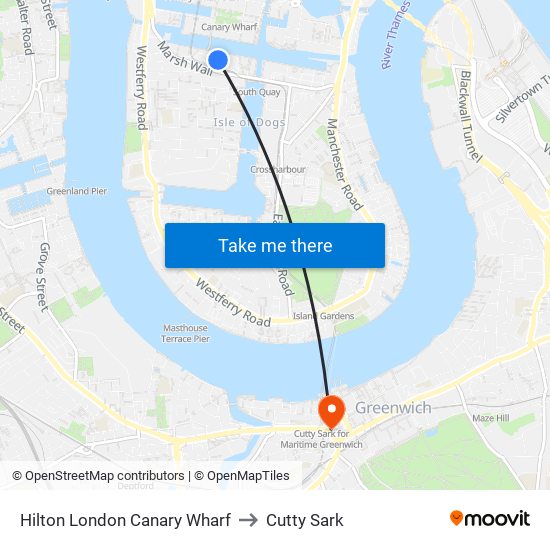 Hilton London Canary Wharf to Cutty Sark map