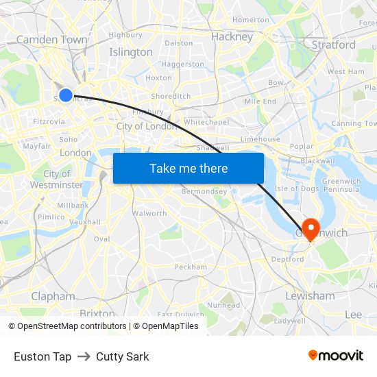 Euston Tap to Cutty Sark map