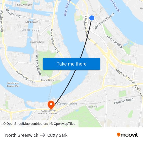 North Greenwich to Cutty Sark map