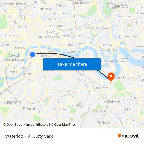 Waterloo to Cutty Sark map