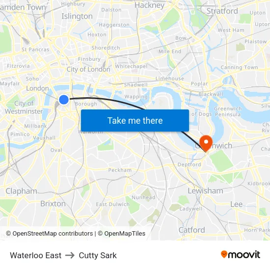 Waterloo East to Cutty Sark map