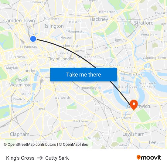 King's Cross to Cutty Sark map