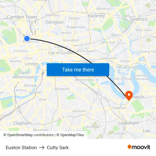 Euston Station to Cutty Sark map