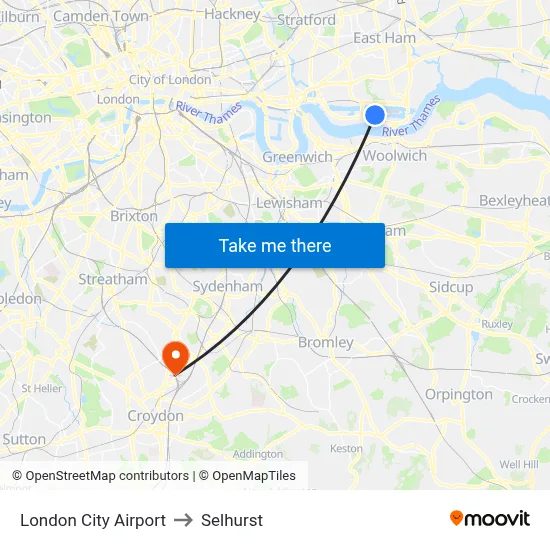 London City Airport to Selhurst map