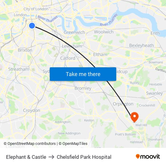 Elephant & Castle to Chelsfield Park Hospital map