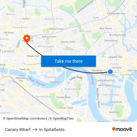 Canary Wharf to In Spitalfields map