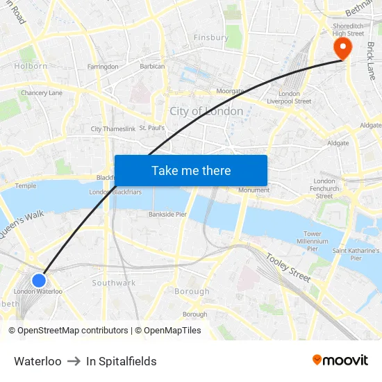 Waterloo to In Spitalfields map