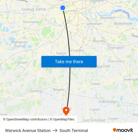 Warwick Avenue Station to South Terminal map