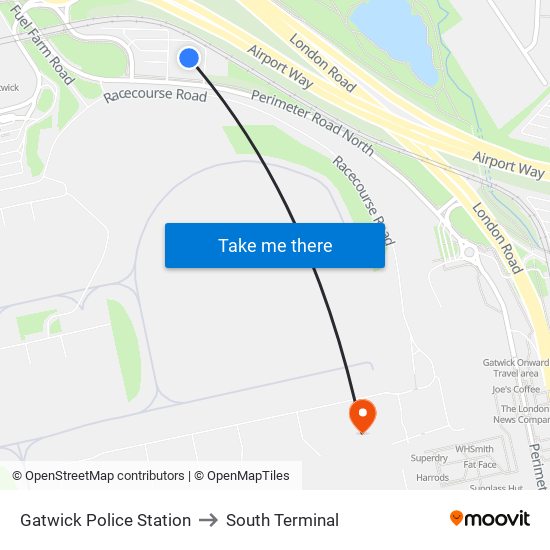 Gatwick Police Station to South Terminal map