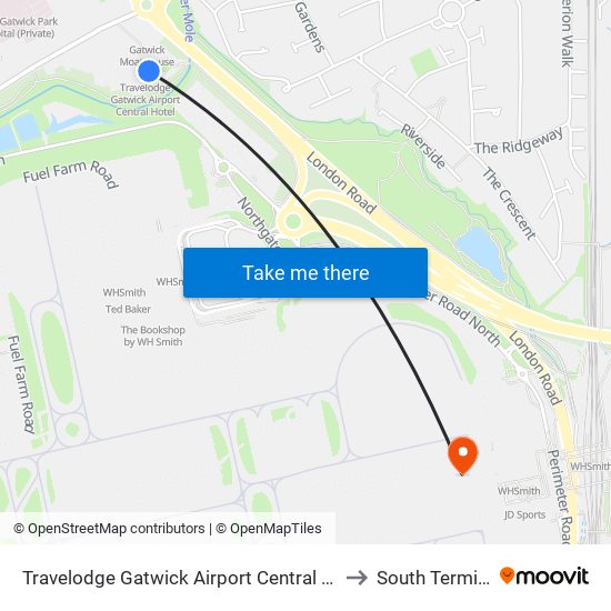 Travelodge Gatwick Airport Central Hotel to South Terminal map