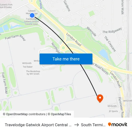 Travelodge Gatwick Airport Central Hotel to South Terminal map