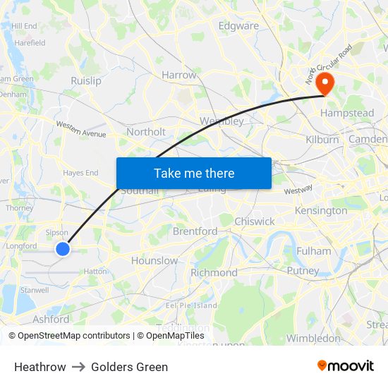 Heathrow to Golders Green map