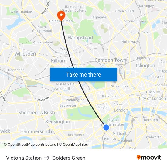 Victoria Station to Golders Green map