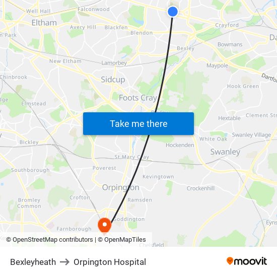 Bexleyheath to Orpington Hospital map