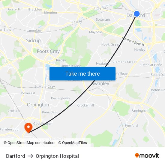 Dartford to Orpington Hospital map