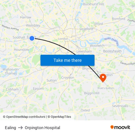 Ealing to Orpington Hospital map