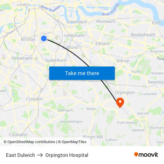 East Dulwich to Orpington Hospital map