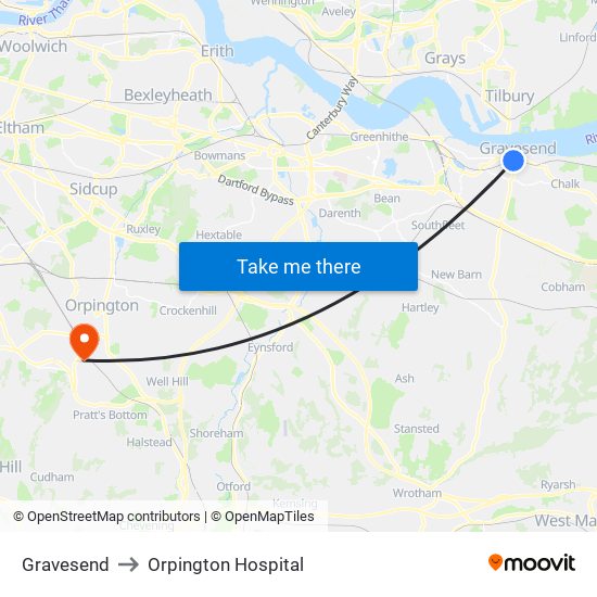 Gravesend to Orpington Hospital map