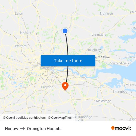 Harlow to Orpington Hospital map