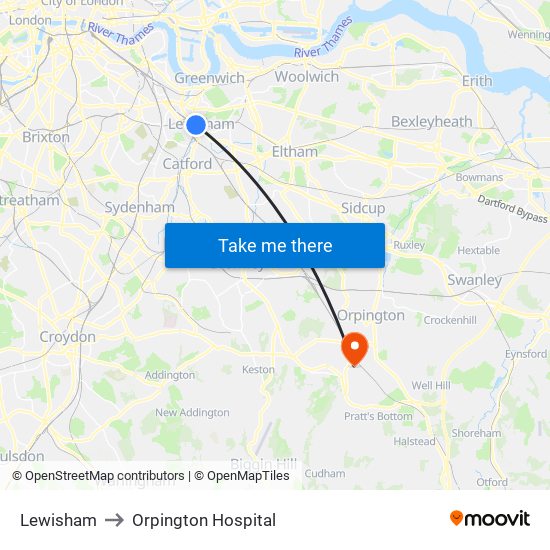 Lewisham to Orpington Hospital map