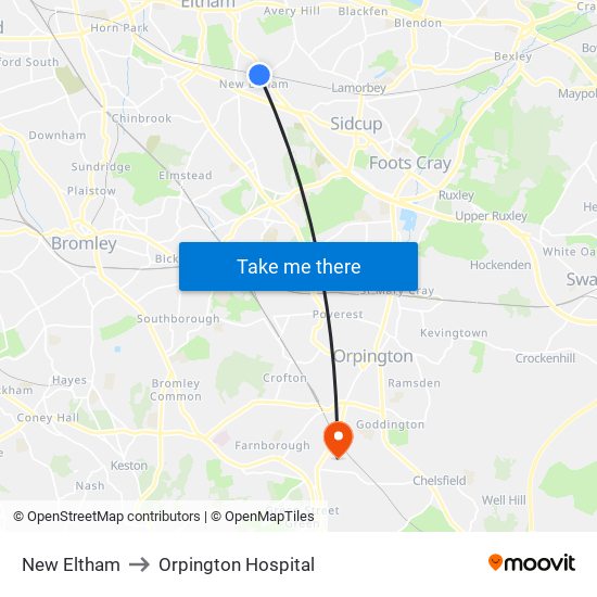 New Eltham to Orpington Hospital map