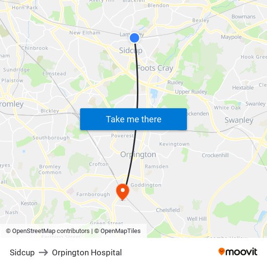 Sidcup to Orpington Hospital map