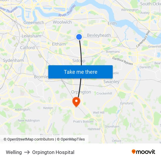 Welling to Orpington Hospital map