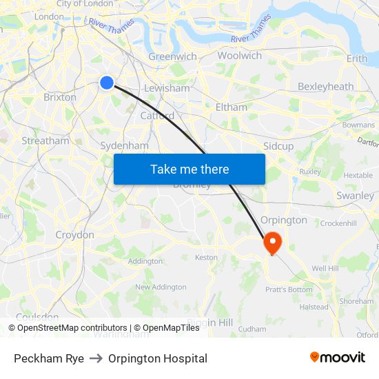 Peckham Rye to Orpington Hospital map