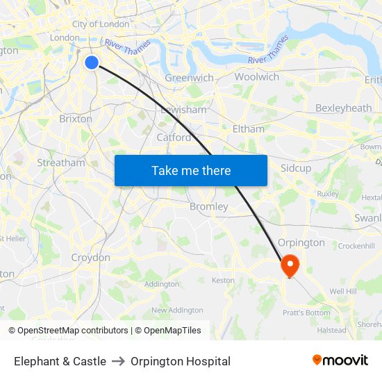 Elephant & Castle to Orpington Hospital map