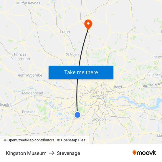 Kingston Museum to Stevenage map