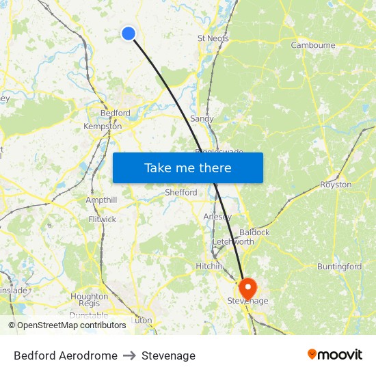 Bedford Aerodrome to Stevenage map