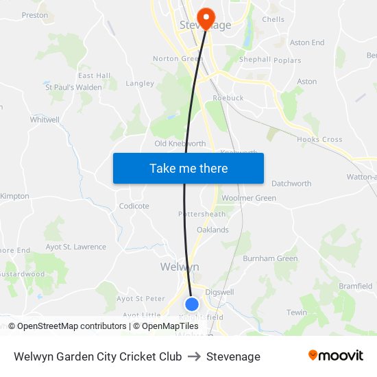 Welwyn Garden City Cricket Club to Stevenage map