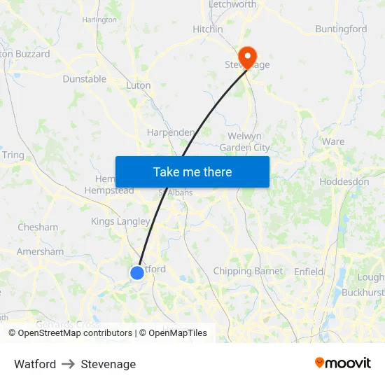 Watford to Stevenage map