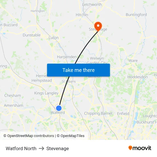 Watford North to Stevenage map