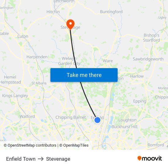 Enfield Town to Stevenage map