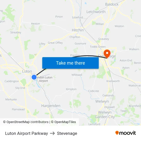 Luton Airport Parkway to Stevenage map