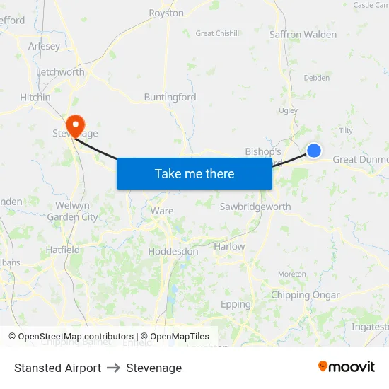 Stansted Airport to Stevenage map