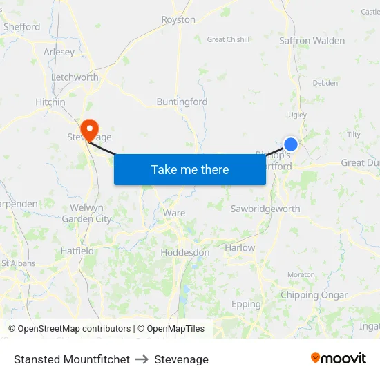 Stansted Mountfitchet to Stevenage map