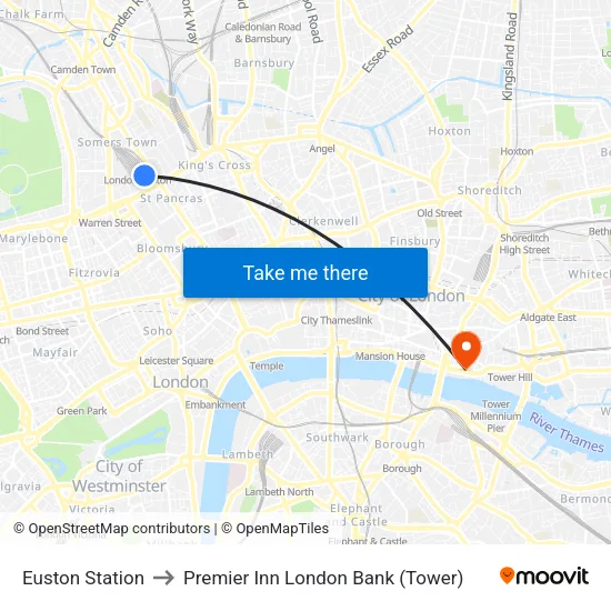 Euston Station to Premier Inn London Bank (Tower) map
