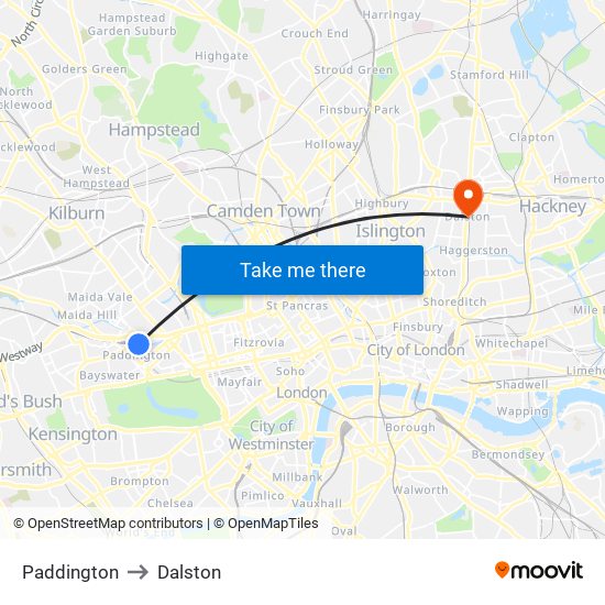 Paddington to Dalston map