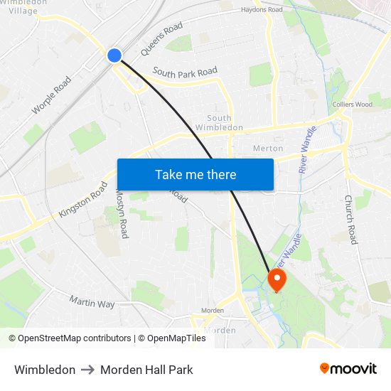 Wimbledon to Morden Hall Park map