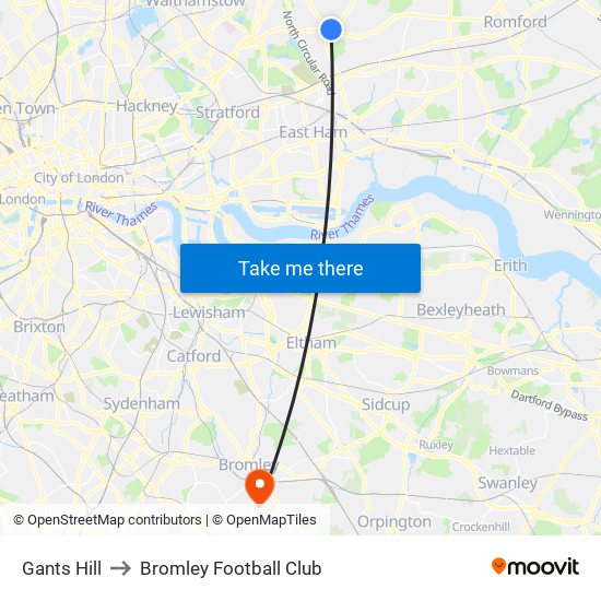 Gants Hill to Bromley Football Club map
