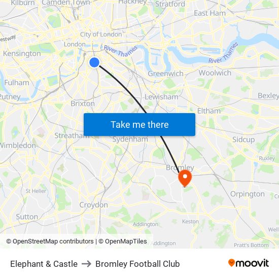 Elephant & Castle to Bromley Football Club map
