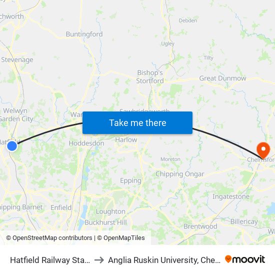 Hatfield Railway Station, Hatfield to Anglia Ruskin University, Chelmsford Campus map