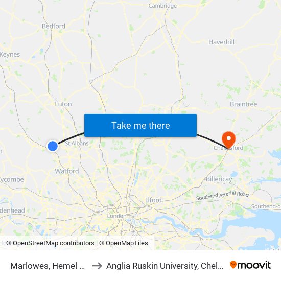 Marlowes, Hemel Hempstead to Anglia Ruskin University, Chelmsford Campus map