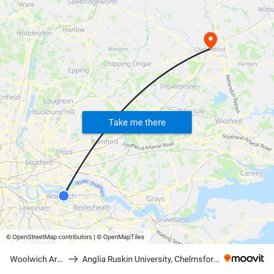 Woolwich Arsenal to Anglia Ruskin University, Chelmsford Campus map