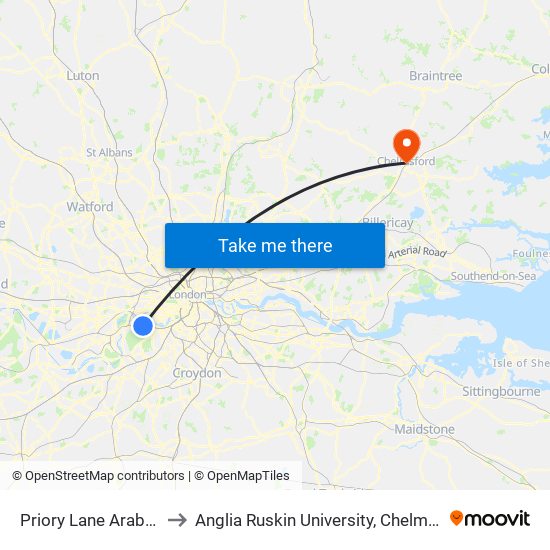 Priory Lane  Arabella Drive to Anglia Ruskin University, Chelmsford Campus map