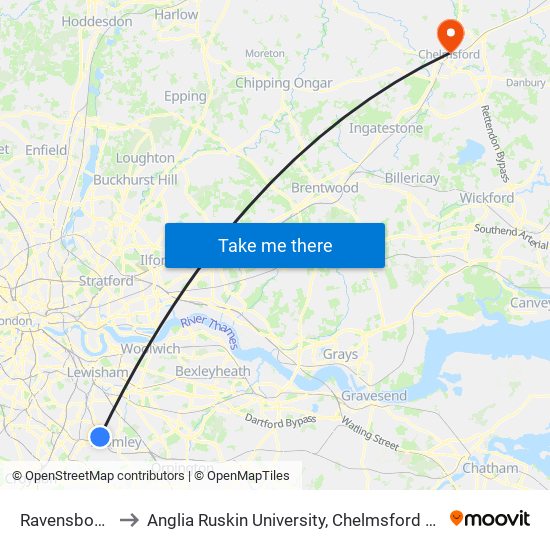 Ravensbourne to Anglia Ruskin University, Chelmsford Campus map